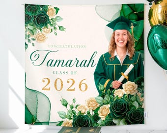 Polyester Fabric Green Grad Backdrop: Floral Class of 2026 Sign, (We print and ship) - GRD46