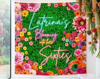 Polyester Fabric Flower Backdrop: Neon 60th Birthday Women Sign, (We print and ship) - SUM01
