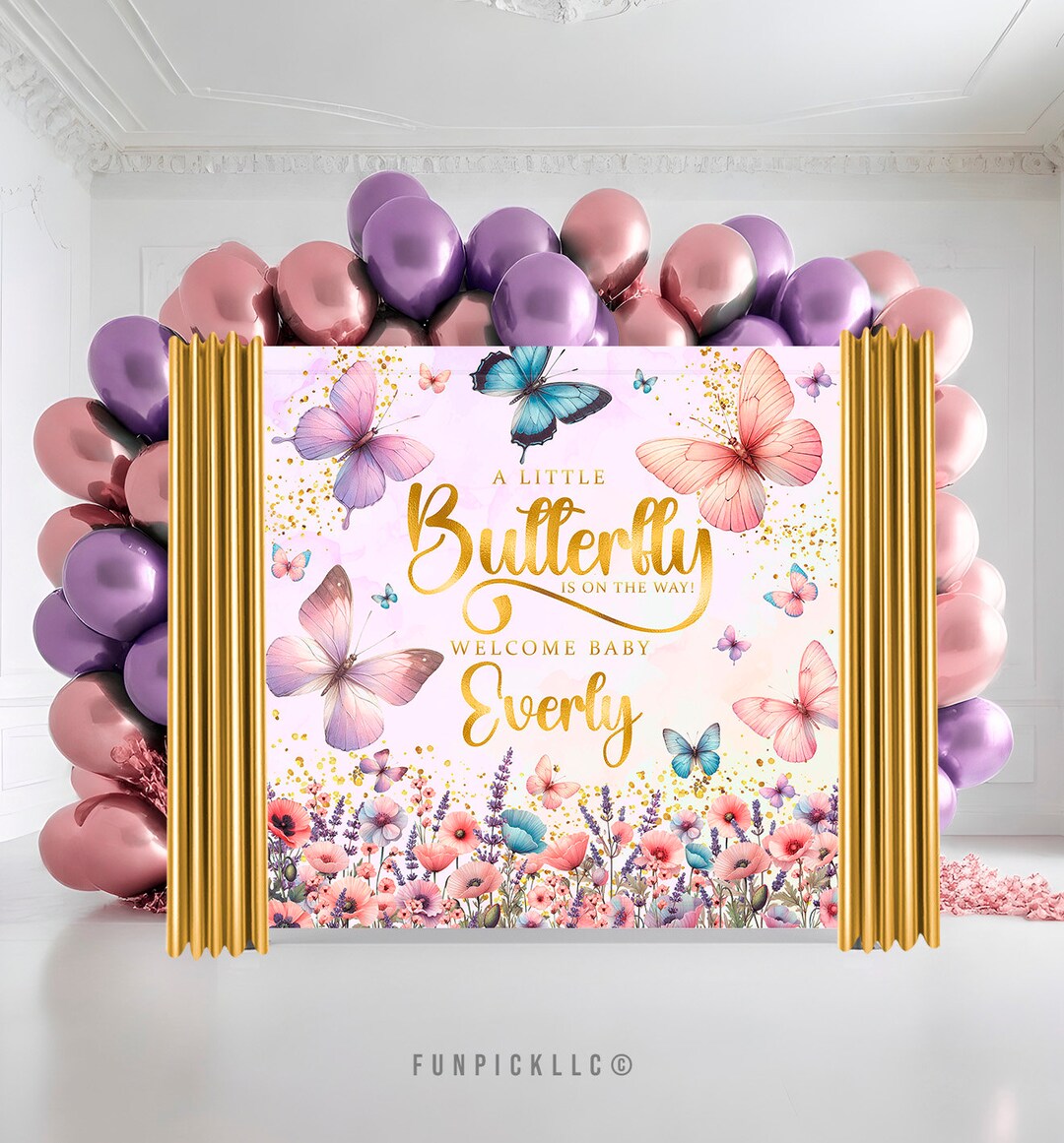 Pink Butterfly Baby Shower Backdrop With Custom Name main image 1