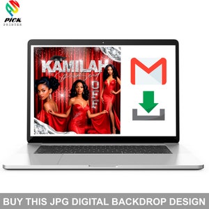 May include: A digital backdrop design featuring a red curtain with silver glitter accents. The text "KAMILAH Prom Send Off" is displayed in silver glitter letters. Three women are wearing red dresses and are standing in front of the curtain. The image is displayed on a laptop screen with a download icon.