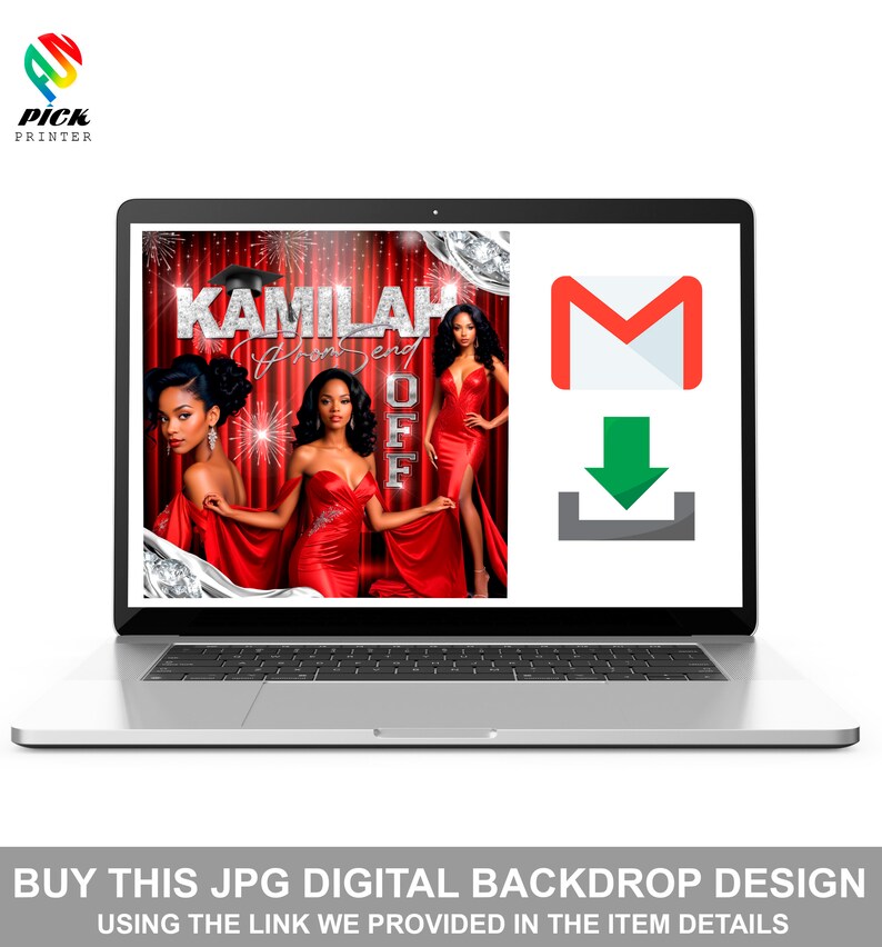 May include: A digital backdrop design featuring a red curtain with silver glitter accents. The text "KAMILAH Prom Send Off" is displayed in silver glitter letters. Three women are wearing red dresses and are standing in front of the curtain. The image is displayed on a laptop screen with a download icon.