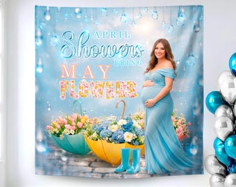 Polyester Fabric April Showers: May Flowers Baby Shower Backdrop, (We print and ship) - PRI11