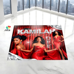 May include: A red and silver graduation party invitation with the name "Kamilah" and the text "Prom Send Off". The invitation features a photo of two women in red dresses.