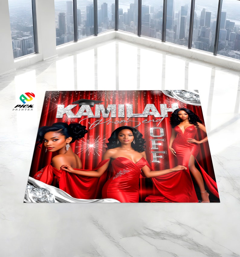 May include: A red and silver graduation party invitation with the name "Kamilah" and the text "Prom Send Off". The invitation features a photo of two women in red dresses.