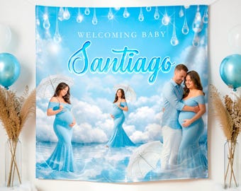 Polyester Fabric Raindrop Backdrop: Baby Boy Shower Banner, (We print and ship) - PRI12