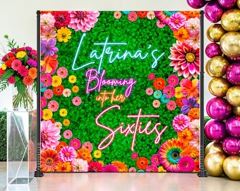Vinyl Neon Floral Backdrop: 60th Birthday Grass Wall Sign, (We print and ship) - SUM01