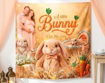 Polyester Fabric Bunny Backdrop: Rustic Baby Shower Decor Banner, (We print and ship) - PRI13