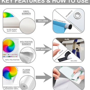 May include: A diagram showing the key features and how to use different types of banners and floor decals. The image shows a vinyl banner, a polyester banner, and a floor decal. It also shows the included and not included hardware for hanging and displaying the banners and decals. The included hardware includes grommets, pole pockets, and clips. The not included hardware includes tacks and velcro.