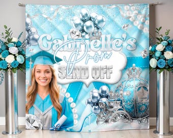 Polyester Fabric Prom Backdrop: Silver Blue Prom Send Off banner, (We print and ship) - GRD47