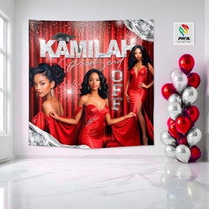 May include: A red and silver backdrop with the text "Kamilah Prom Send Off" and three women in red dresses. The backdrop has a red curtain with silver glitter and fireworks.