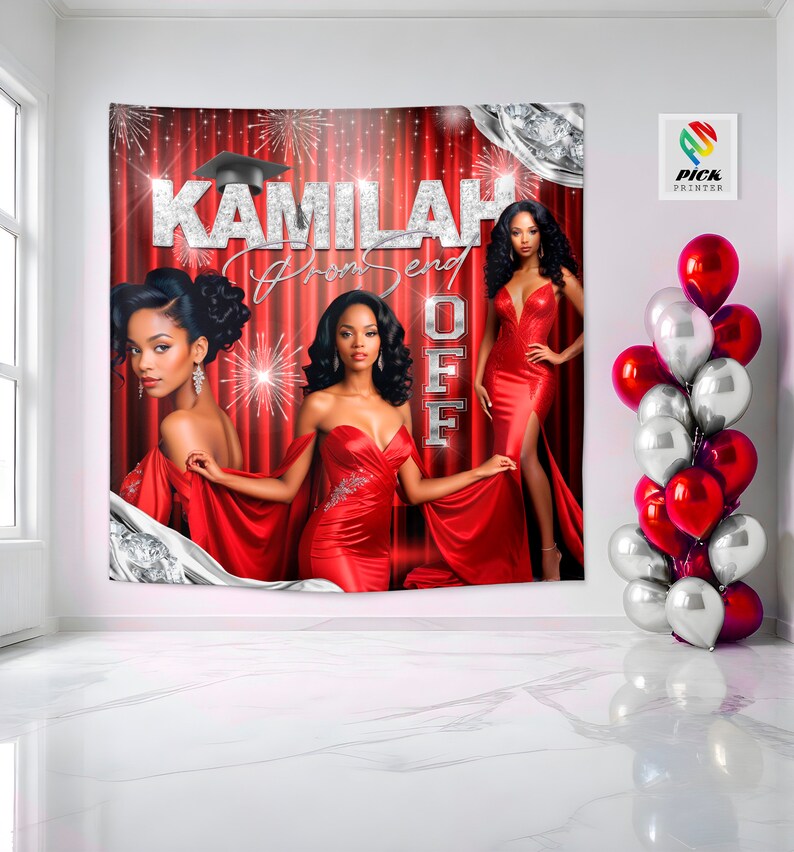 May include: A red and silver backdrop with the text "Kamilah Prom Send Off" and three women in red dresses. The backdrop has a red curtain with silver glitter and fireworks.