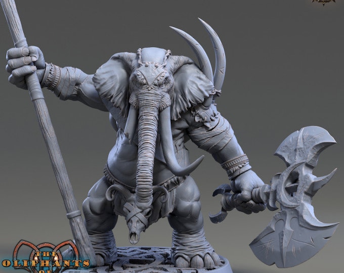 Dourbe Tuskbanner | The Oliphants of Red Ridge| 3D Printed 32mm or 75mm-scale resin model by Daybreak Miniatures