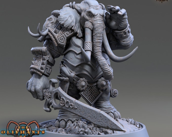 Cyrus Swordtusk | The Oliphants of Red Ridge| 3D Printed 32mm or 75mm-scale resin model by Daybreak Miniatures
