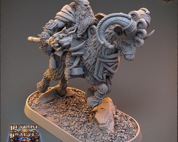 Drimulf Shortfuse on Fire Goat| Deviant Dwarves of the Pandemonium | Daybreak Miniatures |5E Resin Miniatures |Dwarf Tabletop Warrior