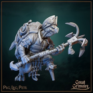 May include: A detailed 3D-rendered figurine of a turtle-like creature, "Peg Leg Pete," wearing a naval hat and holding an anchor-shaped weapon. The figure is in shades of gray, with intricate details on the shell, clothing, and weapon. The "Great Grimoire" logo is visible.