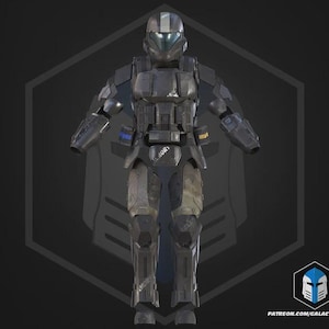 May include: A full-body suit of dark gray tactical armor featuring a helmet with a dark visor, segmented chest plating, shoulder guards, and leg armor. The suit includes small blue and yellow accents on the waist and the text PATREON.COM/GALACTICARMORY.