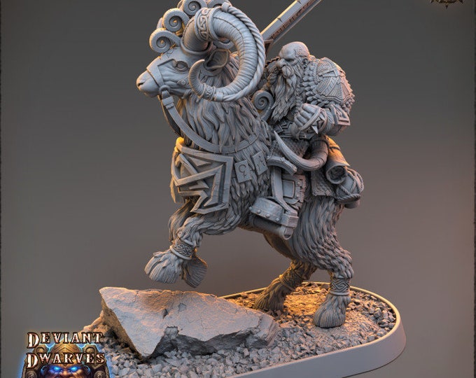 Arviz Thundergrind on Fire Goat | Deviant Dwarves of the Pandemonium | Daybreak Miniatures |5E Resin Miniatures |Dwarf Tabletop Warrior