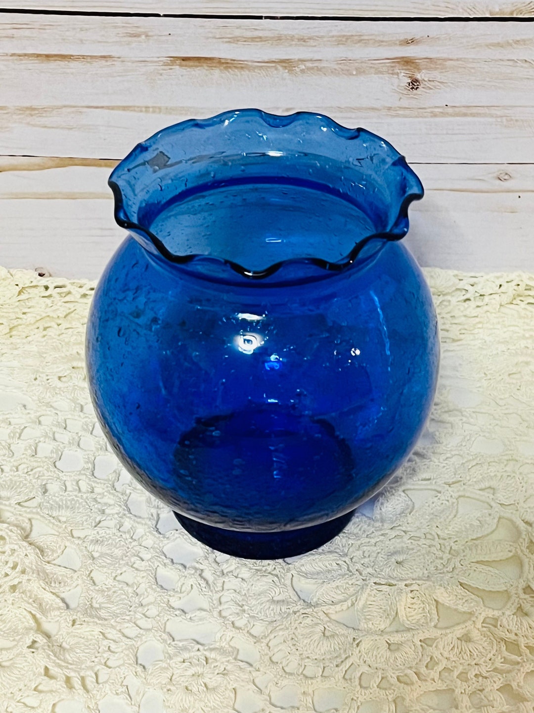 Vintage Cobalt Blue Bubble Glass Vase With Ruffled Collar Etsy