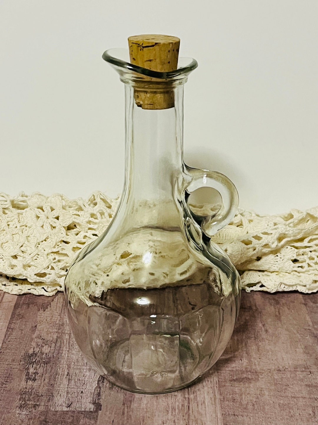 Vintage Anchor Clear Glass Bottle Vase With Loop Handle & Cork Stopper