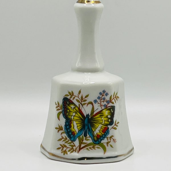 Vintage Brinn's Butterly Decorated Ceramic Bell Trimmed in Gold, from Brinn's in Pittsburgh Pennsylvania with Sticker, no chips or cracks