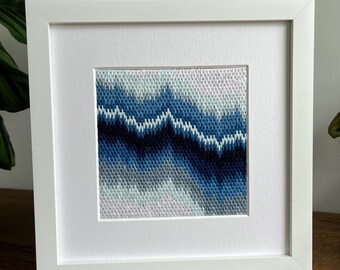 Blue Aurora Borealis - Hand Embroidered Bargello Tapestry - Framed 9”