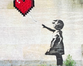 Hand Embroidered Banksy Postcard - Girl with Heart Balloon - Gamers Pixel Heart
