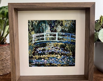 Claude Monets Waterlillies Bridge - Hand Embroiderd with Yarn - frame size 25x25cm