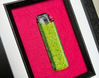 Hand Beaded Green Bic Lighter - Framed