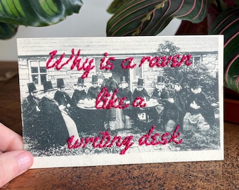 Hand Embroidered Vintage Postcard - Mad Hatter’s tea party “Why is a Raven Like a Writing Desk?”