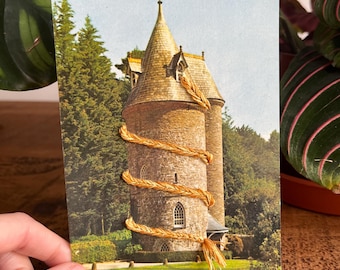 Hand Embroidered Vintage Postcard - 3D Rapunzel hair from the tower
