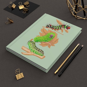 May include: A light green journal featuring illustrations of colorful caterpillars on branches and leaves. The cover art includes a green caterpillar with black and yellow markings, and another with red and green segments. Gold and black pencils are next to the journal.