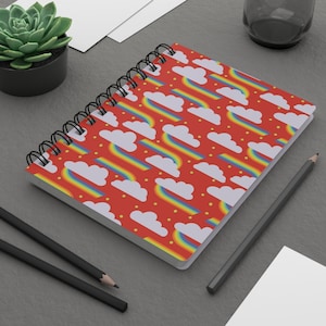 Spiral Bound Journal, Cute Rainbow and clouds Pattern Notebook, Back to School Supplies, Red Nature Illustration, Beautiful Diary