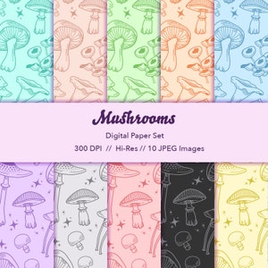 Conjunto de papel digital para amantes de cogumelos, texturas sem costura, padrão de cogumelo, padrões de tecido, padrões modernos, uso comercial, padrão natural