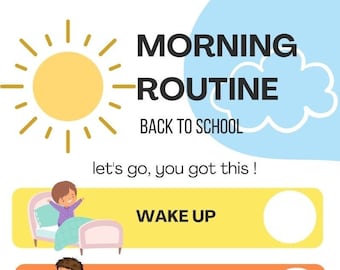 May include: A colorful infographic titled "Morning Routine Back to School" with illustrations of a child's morning activities: waking up, using the toilet, making the bed, getting dressed, eating breakfast, brushing teeth, and getting ready.