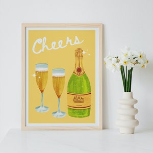 Cheers sparkling champagne bright yellow wall art print and home decor