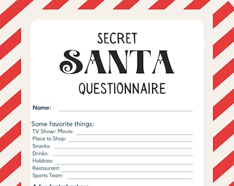 Secret Santa Questionnaire, Printable Secret Santa Questions, Gift Exchange Questionnaire, Christmas Party