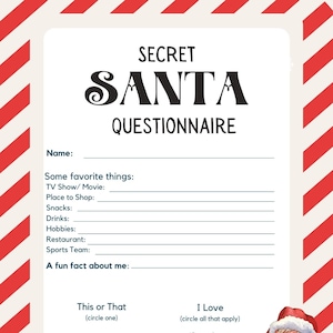 Secret Santa Questionnaire Printable Secret Santa Questions Gift Secret Santa Questionnaire Printable Secret Santa Questions Gift