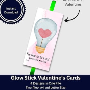 Glow Stick Valentine Cards, Classroom Valentine&#39;s,  You Make My Heart Glow Valentine, printable Valentine&#39;s Favor, Valentine Gift, Light