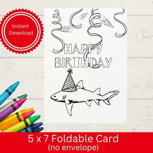 Birthday Coloring Card, Digital Greeting Card, Instant Download Coloring Greeting Card, Colouring Card, Happy Birthday Card, Shark Card