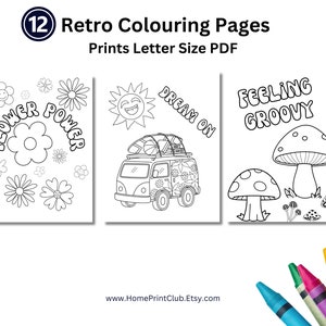 12 Retro Adult Instant Download Coloring Pages , 60s and 70s Retro Coloring Pages,  Trendy Relaxing Easy Adult and Kid Coloring Book, Groovy