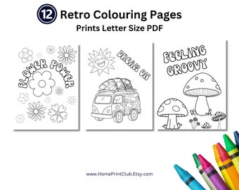 12 Retro Adult Instant Download Coloring Pages , 60s and 70s Retro Coloring Pages,  Trendy Relaxing Easy Adult and Kid Coloring Book, Groovy