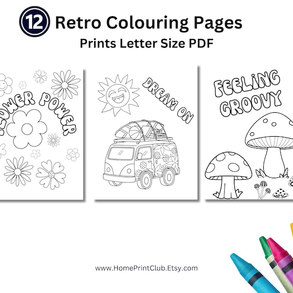 12 Retro Adult Instant Download Coloring Pages , 60s and 70s Retro Coloring Pages,  Trendy Relaxing Easy Adult and Kid Coloring Book, Groovy