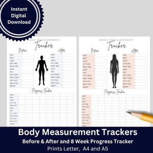 Lichaamsmeting-tracker, afdrukbare lichaamsmetingsgrafiek, mannelijke en vrouwelijke lichaamsmeting, gewichtsverlies-tracker, trainingsvoortgang-tracker