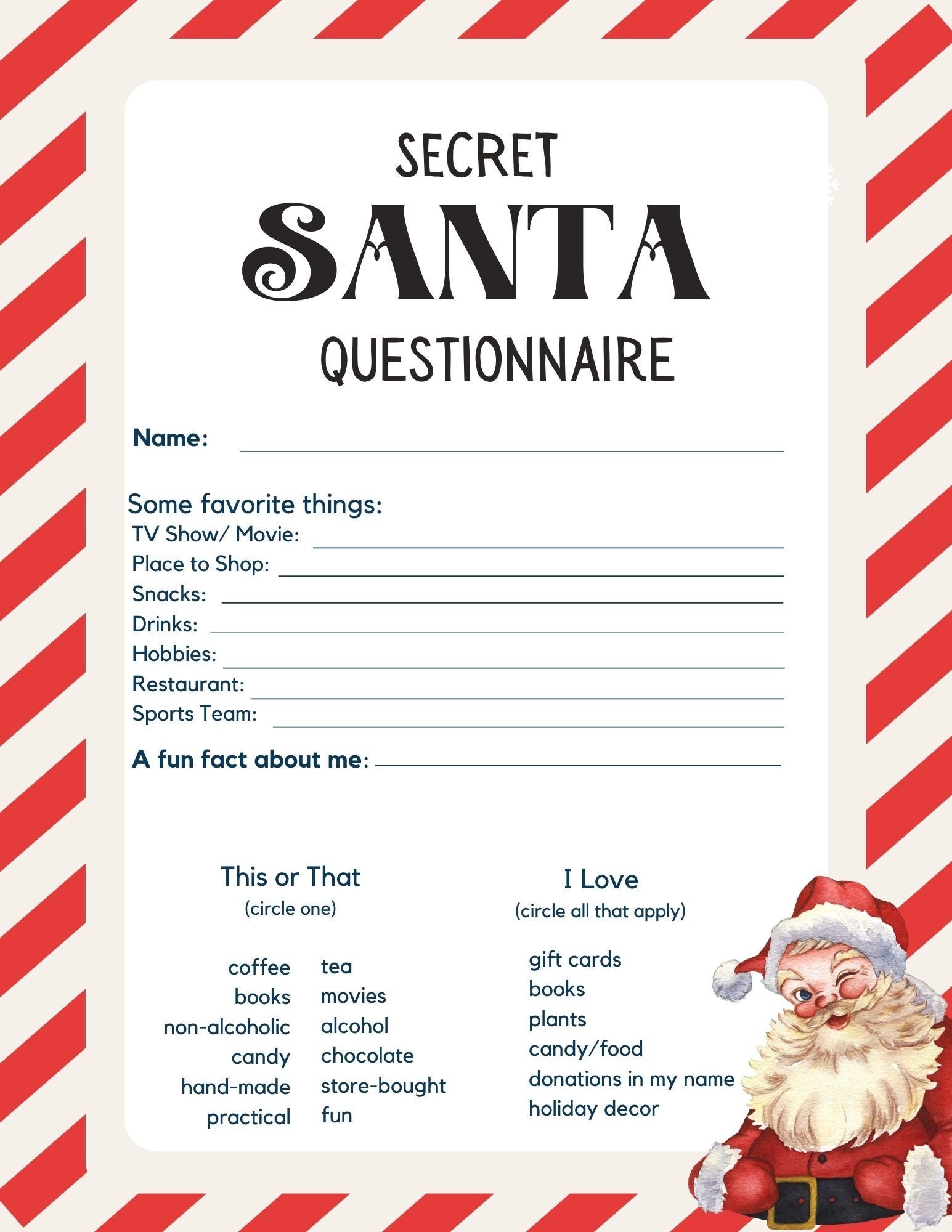 Secret Santa Questionnaire, Printable Secret Santa Questions, Gift Secret Santa Questionnaire, Printable Secret Santa Questions, Gift