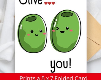 Olive You Printable Card, Funny and Cute Valentine's Day Greeting Card, Valentines Card for Him, Card for Her, Printable Card