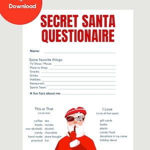 Secret Santa Questionnaire, Printable Secret Santa Questions, Gift Exchange Questionnaire, Christmas Party, Work Christmas Party, Co-worker