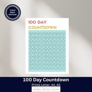 100 day countdown, 100 day tracker, 100 day challenge, 100 days until, countdown to, printable, planner, A4, A5, Letter, countdown tracker