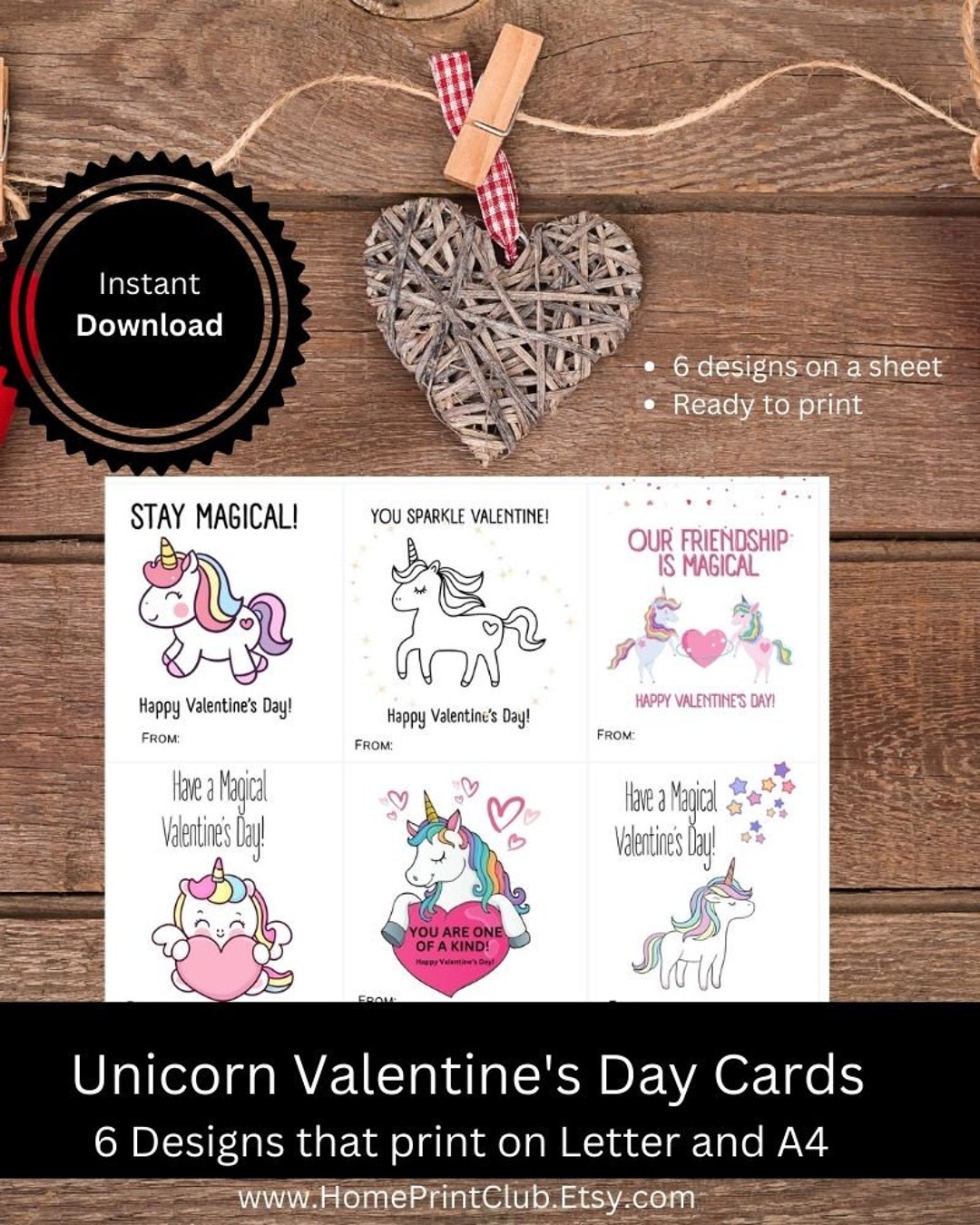 Unicorn Valentine's Day Printable Cards for Classroom, Kids Valentine's ...