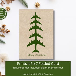 Cartão de Feliz Natal com Design de Árvore de Avião, 5x7 Dobrado Digital Download Cartão de Natal para Impressão, Cartão de Natal de Aviação, Piloto de Natal