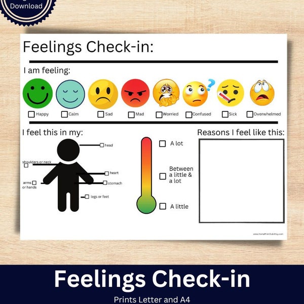 Feelings Check-in Printable Worksheet for Kids, Emotions Check in, My Feelings Check in, I Feel Downloadable Activity,  Kids Social Learning
